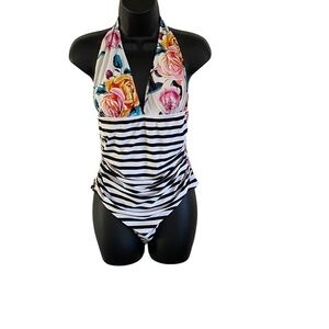 Cupshe Ladies One Piece Bathing Suit Halter Top Floral And Stripe Size Large GUC